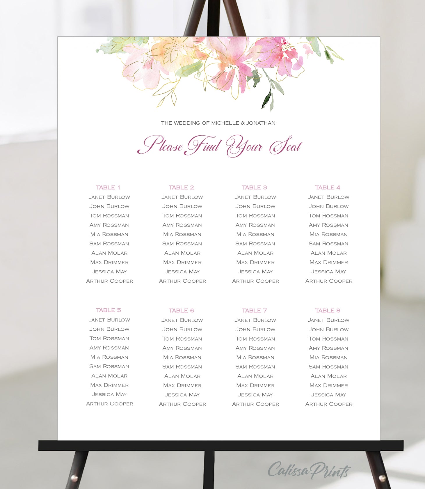 Wedding Seating Chart Printable Templates, Pastel Pink Green Gold Flowers Design, Marisol Collection WED04 - CalissaPrints