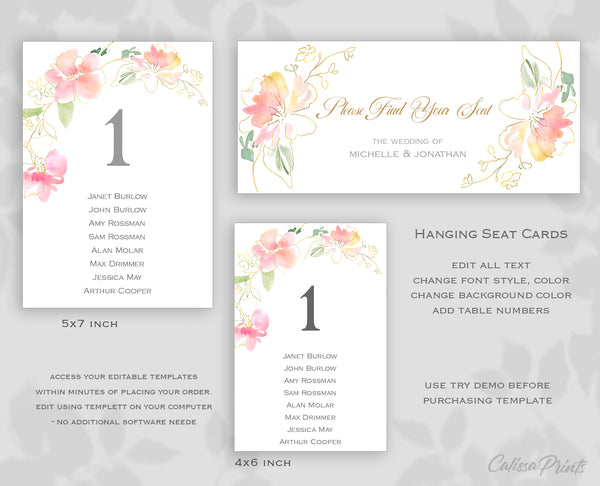 Wedding Seating Hanging Cards Templates, Pastel Pink Green Gold Flowers Design, Marisol Collection WED04 - CalissaPrints