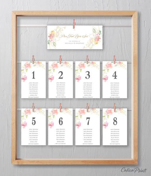 Wedding Seating Hanging Cards Templates, Pastel Pink Green Gold Flowers Design, Marisol Collection WED04 - CalissaPrints