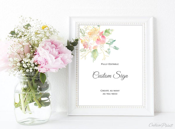Wedding Custom Sign Printable Templates, Pastel Pink Green Gold Flowers Design, Marisol Collection WED04 - CalissaPrints