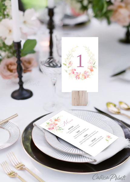 Wedding Table Number Cards Template, Pastel Pink Green Gold Flowers Design, Marisol Collection WED04 - CalissaPrints