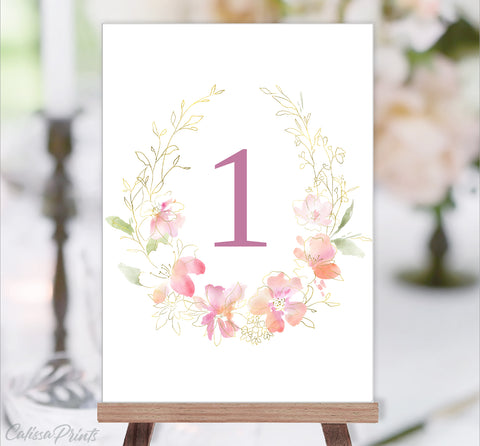 Wedding Table Number Cards Template, Pastel Pink Green Gold Flowers Design, Marisol Collection WED04 - CalissaPrints