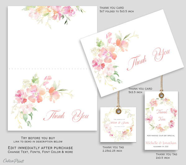 Wedding Thank You Cards, Favor Tags Printable Templates, Soft Pastel Pink Green Gold Flowers Design, Marisol Collection Wed04 - CalissaPrints