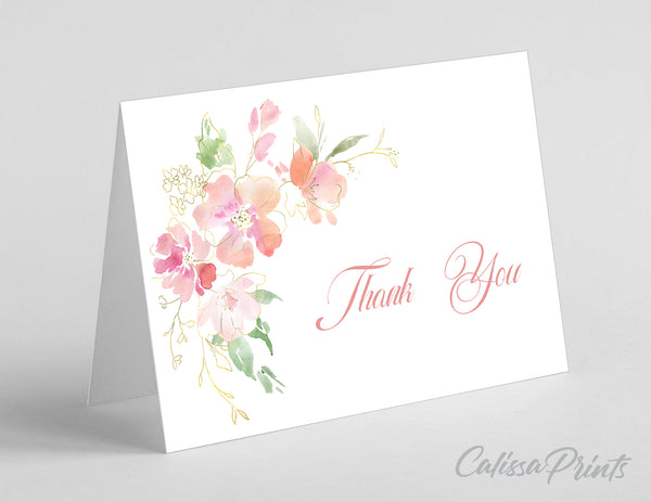 Wedding Thank You Cards, Favor Tags Printable Templates, Soft Pastel Pink Green Gold Flowers Design, Marisol Collection Wed04 - CalissaPrints