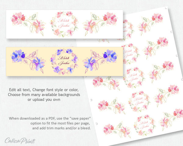 Wedding Water Bottle Label Editable Template, Soft Blush Pink Gold Flowers Design, Marisol Collection WED04 - CalissaPrints
