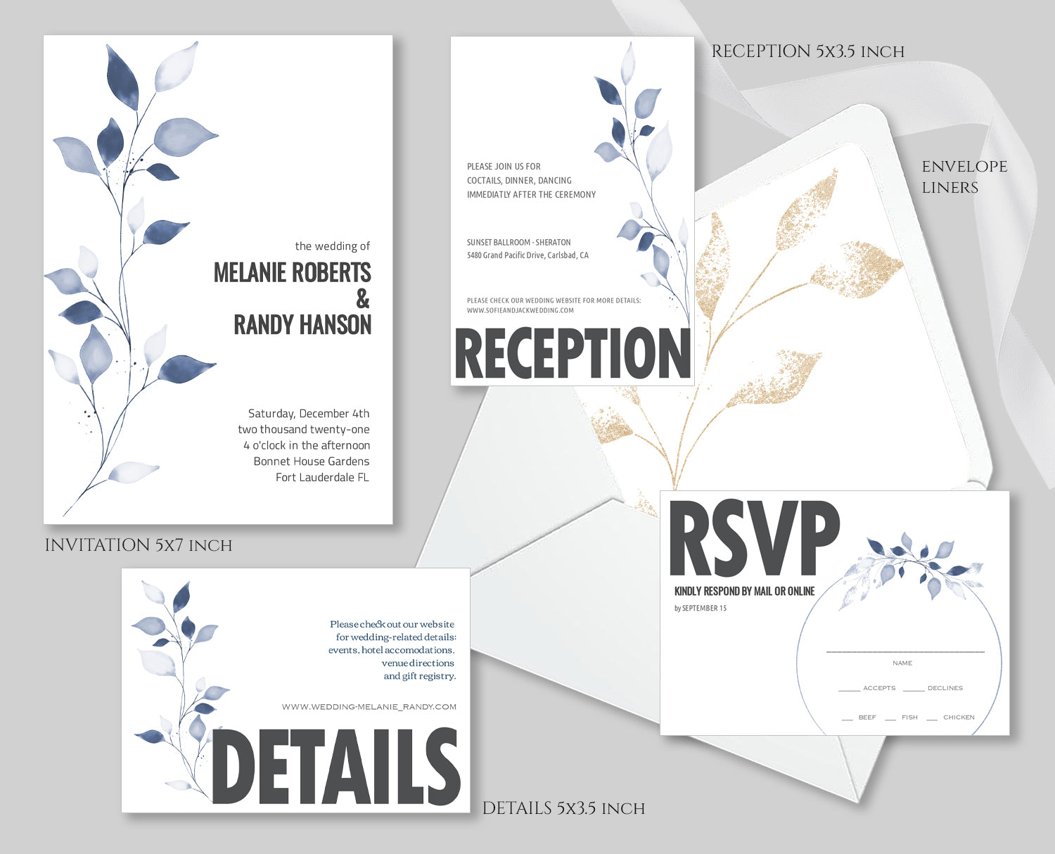 Wedding Invitation, RSVP, Details, Reception Cards Template, Envelope Liners, Minimalist, Modern Blue Shades Design - London Collection WED11 - CalissaPrints