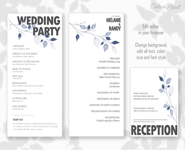 Wedding Program Reception Party Printable Templates, Minimalist Design - London Collection WED11 - CalissaPrints