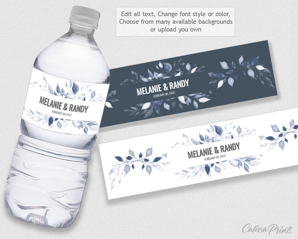 Wedding Water Bottle Label Editable Template, Minimalist, Modern Blue Shade Design, London Collection WED11 - CalissaPrints