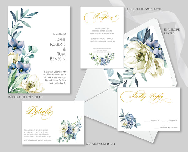 Wedding Invitation, RSVP, Details, Reception Cards Template, Envelope Liners, Creme Blue Flowers Design, Ocean Side Collection WED18 - CalissaPrints