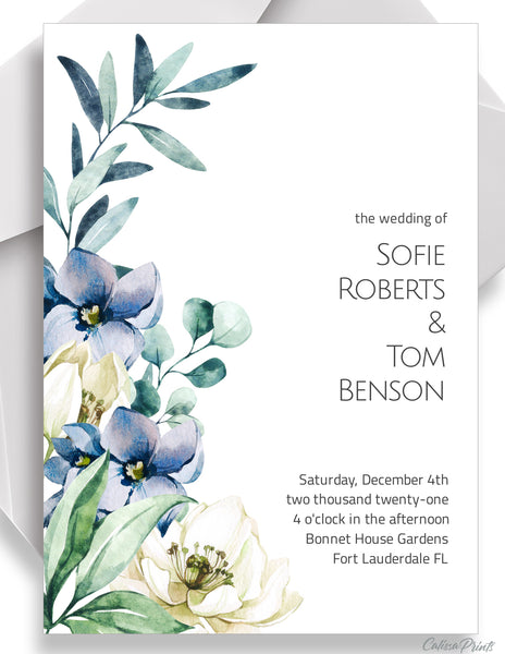 Wedding Invitation Template Combo, Creme Blue Flowers Design, Ocean Side Collection WED18 - CalissaPrints