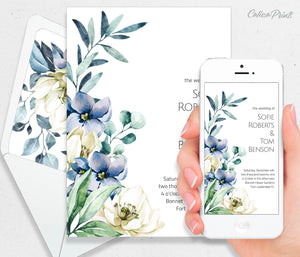Wedding Invitation Template Combo, Creme Blue Flowers Design, Ocean Side Collection WED18 - CalissaPrints