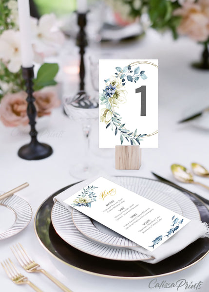Wedding Menu Card Printable Templates, Creme Blue Design, Ocean Side Collection WED18 - CalissaPrints