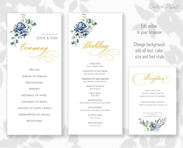 Wedding Program Reception Party Printable Templates, Creme Blue Design, Ocean Side Collection WED18 - CalissaPrints