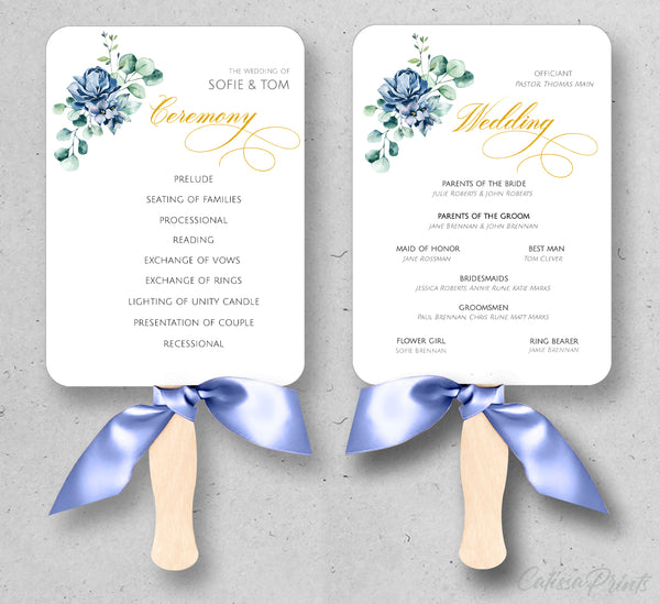 Wedding Program Fan Printable Template, Creme Blue Design, Ocean Side Collection WED18 - CalissaPrints
