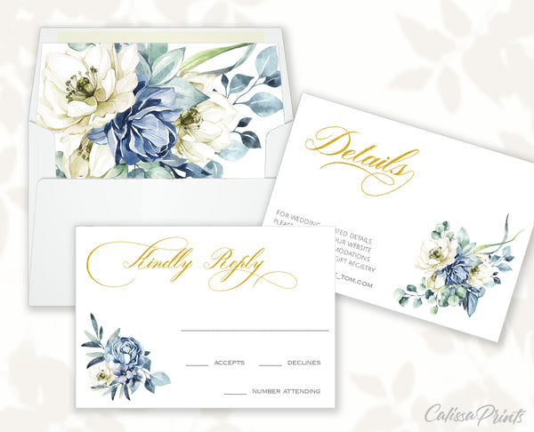 Wedding Invitation, RSVP, Details, Reception Cards Template, Envelope Liners, Creme Blue Flowers Design, Ocean Side Collection WED18 - CalissaPrints