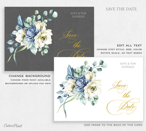 Wedding Save The Date Card Printable Template, Creme Blue Flowers Design, Ocean Side Collection WED18 - CalissaPrints