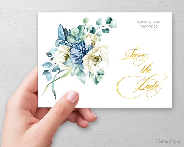 Wedding Save The Date Card Printable Template, Creme Blue Flowers Design, Ocean Side Collection WED18 - CalissaPrints