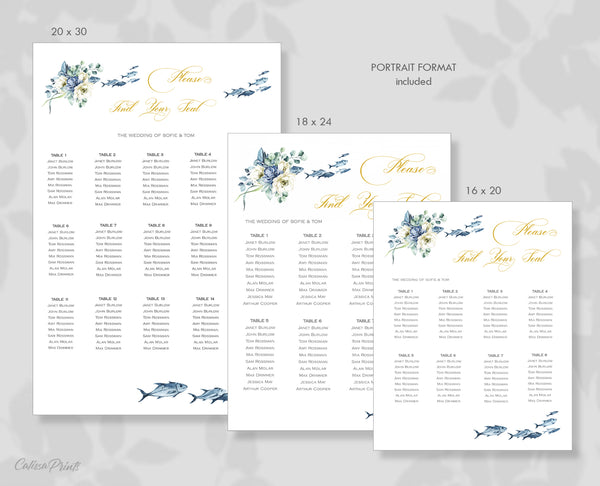 Wedding Seating Chart Printable Templates, Creme Blue Flowers Design, Ocean Side Collection WED18 - CalissaPrints