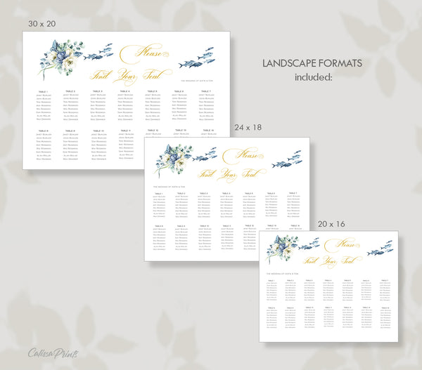 Wedding Seating Chart Printable Templates, Creme Blue Flowers Design, Ocean Side Collection WED18 - CalissaPrints