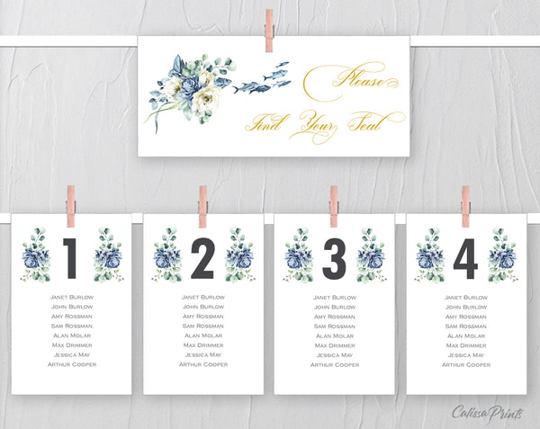Wedding Seating Hanging Cards Templates, Creme Blue Flowers Design, Ocean Side Collection WED18 - CalissaPrints
