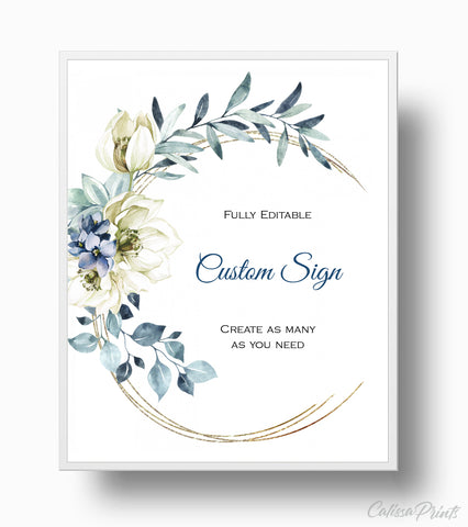 Wedding Custom Sign Printable Templates, Creme Blue Flowers Design, Ocean Side Collection WED18 - CalissaPrints
