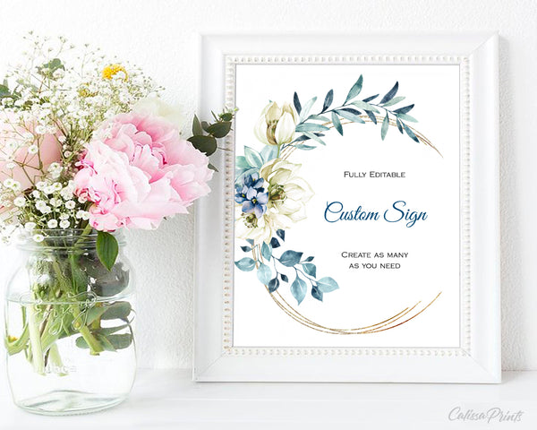 Wedding Custom Sign Printable Templates, Creme Blue Flowers Design, Ocean Side Collection WED18 - CalissaPrints