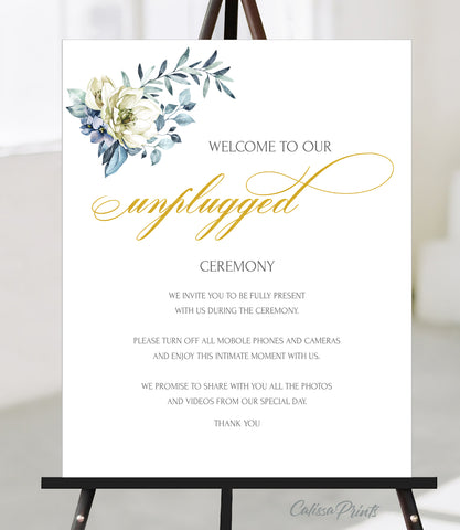Wedding Unplugged Sign Printable Template, Creme Blue Flowers Design, Ocean Side Collection WED18 - CalissaPrints