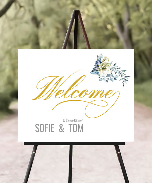 Wedding Welcome Sign Printable Templates, Creme Blue Flowers Design, Ocean Side Collection WED18 - CalissaPrints