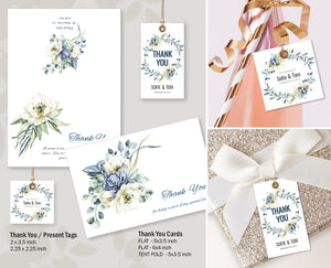 Wedding Thank You Cards, Favor Tags Printable Templates, Creme Blue Flowers Design, Ocean Side Collection Wed18 - CalissaPrints