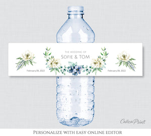 Wedding Water Bottle Label Editable Template, Creme Blue Flowers Design, Ocean Side Collection WED18 - CalissaPrints