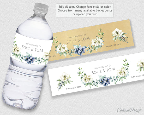 Wedding Water Bottle Label Editable Template, Creme Blue Flowers Design, Ocean Side Collection WED18 - CalissaPrints